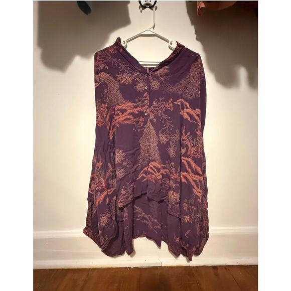 Free People Blouse, Button Down, Oversized, Peacock Print, Purple, Size Small - Picture 3 of 10
